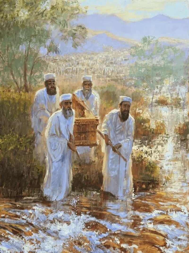 "Primeros pasos de fe en el Jordán" es una obra de Trent Gudmundsen.