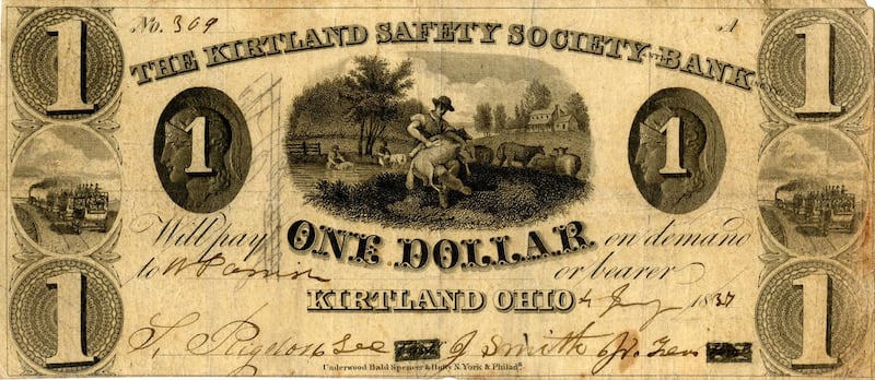Un billete de $1 de la colección de monedas y divisas de la Kirtland Safety Society en la Biblioteca de Historia de la Iglesia. Es uno de varios documentos de la Kirtland Safety Society en el volumen más reciente de los Documentos de José Smith.
