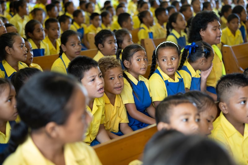 Students from Sauniatu Primary School in Samoa on Friday, March 22, 2024. The Church of Jesus Christ of Latter-day Saints owns and operates the school.