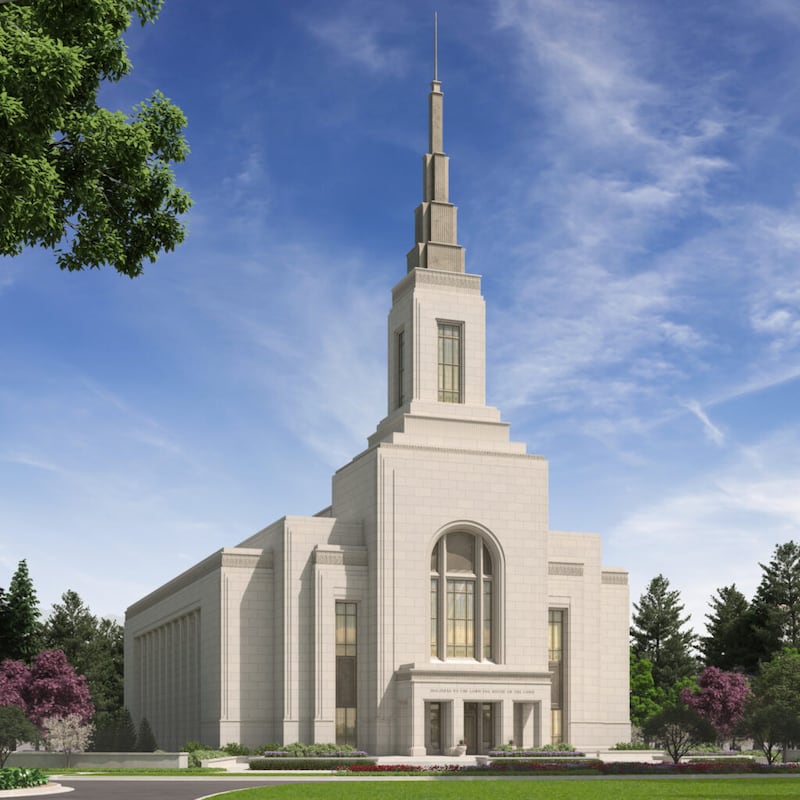 Representación artística del exterior del Templo de Burley Idaho.