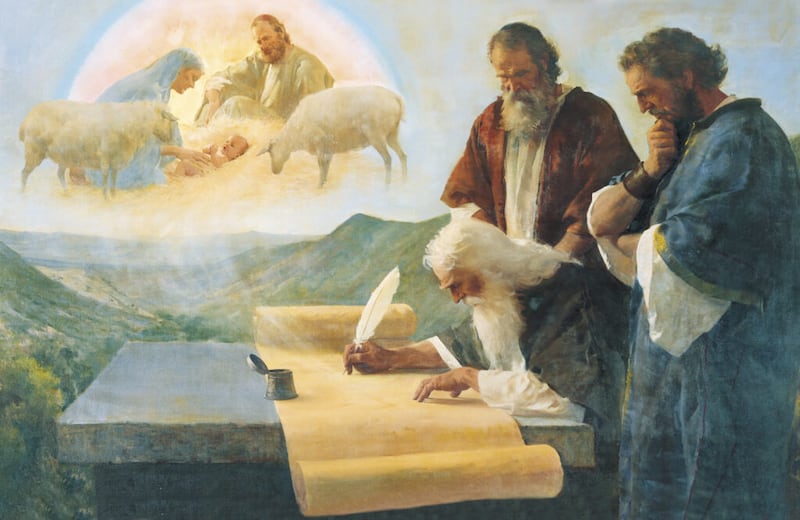 “Isaías escribe sobre el nacimiento de Cristo (El profeta Isaías predice el nacimiento de Cristo)”, de Harry Anderson