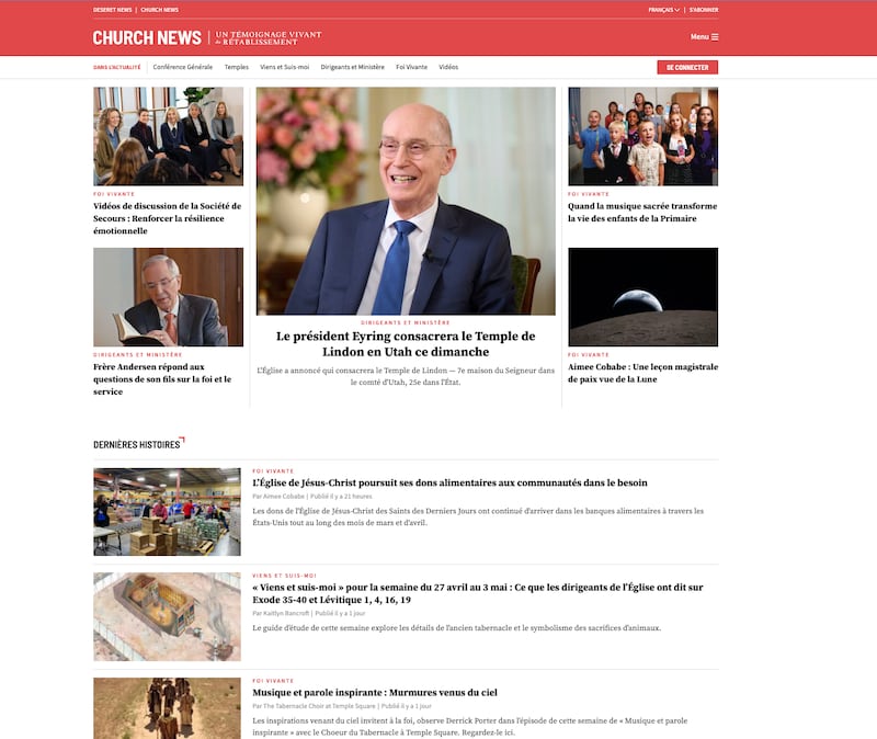 La página principal de Church News en francés el 29 de abril de 2026.