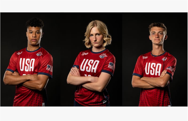 Silas Bell, Emilee Jensen y Blake Holt, todos de Utah, jugaron para Estados Unidos en los Campeonatos Mundiales de Ultimate júnior en Logroño, España, en julio de 2026.