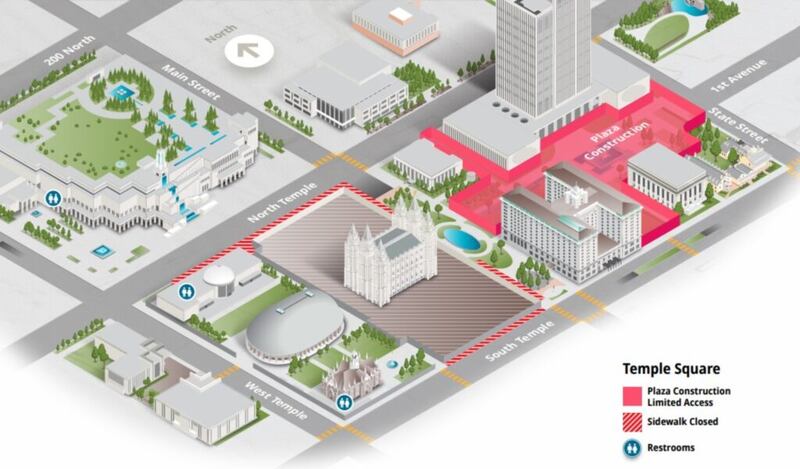Un mapa muestra el área de construcción de la renovación de la plaza del edificio de las oficinas de la Iglesia, la cual comienza en enero del 2021.