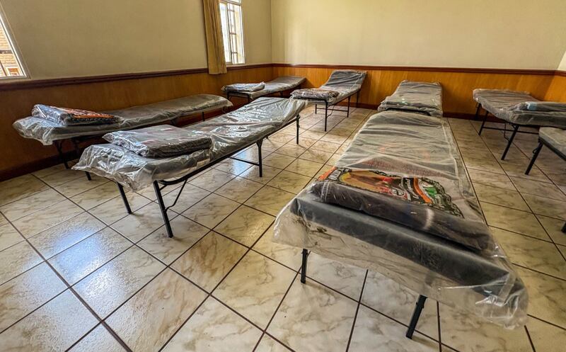 Beds are set up in a meetinghouse in Umacollo, Arequipa, Peru, for those affected by flooding and mudslides in late February 2026.