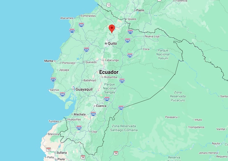 Un mapa de Ecuador, con un marcador en Otavalo, en el norte del país.