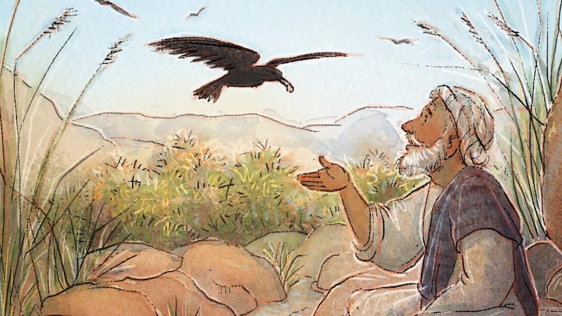 Una ilustración muestra a un cuervo llevando alimento a Elías.