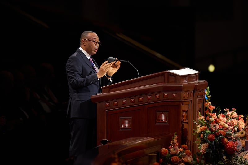 Elder Christian C. Chigbundu, a General Authority Seventy, speaks during the Saturday afternoon session of the 196th Semiannual General Conference of The Church of Jesus Christ of Latter-day Saints in the Conference Center in Salt Lake City on Oct. 3, 2026.