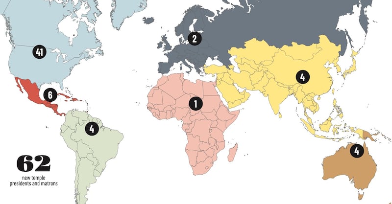 Un mapa muestra la cantidad de casas del Señor con nuevos presidentes y matronas llamados a servir en cada área del mundo.