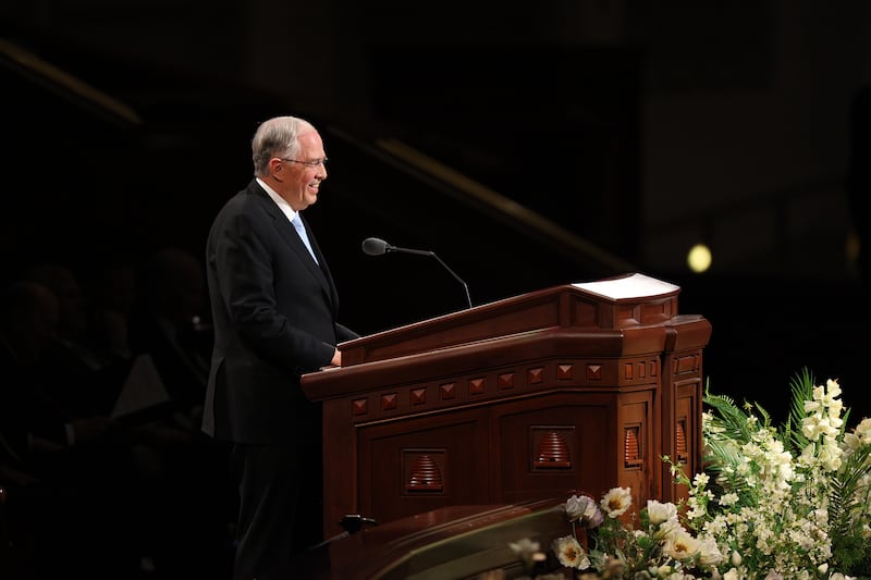 Elder Neil L. Andersen of the Quorum of the Twelve Apostles speaks during the Sunday afternoon session of the 196th Annual General Conference of The Church of Jesus Christ of Latter-day Saints in the Conference Center in Salt Lake City on April 5, 2026.