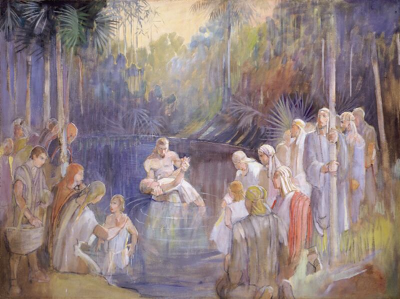 “Alma bautiza en las aguas de Mormón” por Minerva Teichert