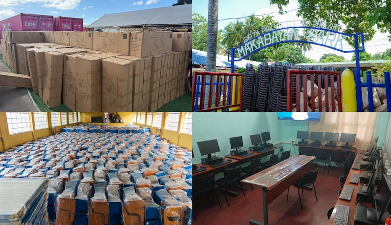 Las donaciones escolares de la Iglesia en agosto de 2026 incluyen, en sentido de las agujas del reloj desde la parte superior izquierda: escritorios y sillas en ʻApi Mataka, Tonga; sillones para aulas en Leyte, Filipinas; muebles en Huehuetenango, Guatemala; y un laboratorio de computación en Asunción, Paraguay.