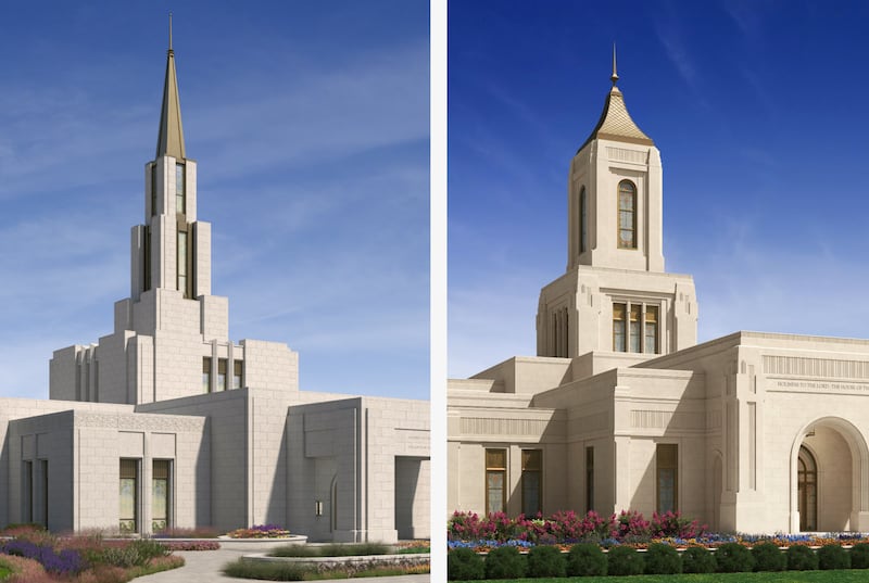 Representaciones arquitectónicas del Templo de Victoria, Columbia Británica, a la izquierda, y del Templo de Tulsa, Oklahoma, a la derecha.