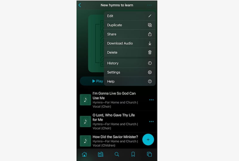 Comparta una lista de reproducción desde la aplicación Biblioteca del Evangelio haciendo clic en los tres puntos en la esquina superior derecha y seleccionando "Compartir". Esta función estuvo disponible en octubre de 2025.
