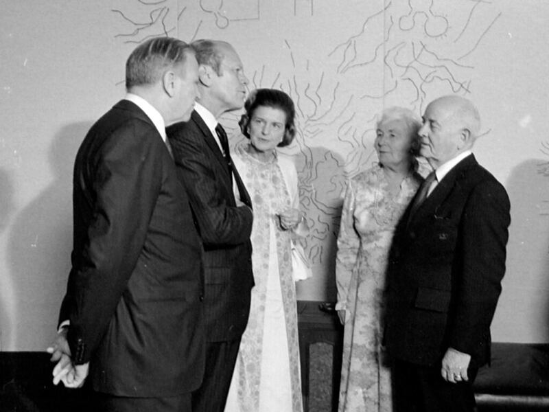 From right to left J. Willard Marriott, President Gerald R. Ford, first lady Betty Ford, Sister Camilla Kimball and President Spencer W. Kimball before attending a Tabernacle Choir concert at the Kennedy Center in September 1974.