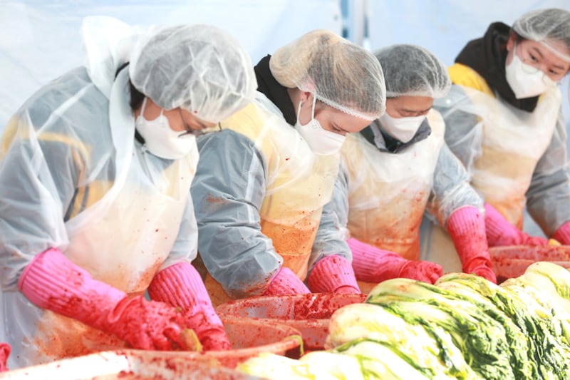 Cuatro personas de la Estaca Changwon Corea preparan kimchi durante el "Festival Compartiendo Kimchi con Amor" en Changwon, Corea del Sur, el 12 de diciembre de 2025.