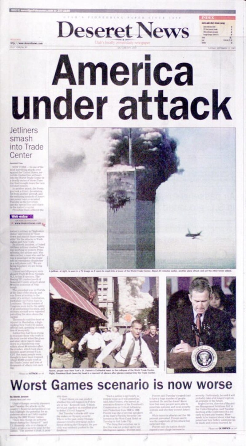 Portada de Deseret News 11 de septiembre de 2001, el día de los ataques terroristas al World Trade Center y al Pentágono.
