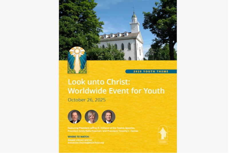 Un aviso de evento para el evento mundial para jóvenes del 26 de octubre de 2025, con el Presidente Jeffrey R. Holland, presidente del Cuórum de los Doce Apóstoles; la Presidenta General de las Mujeres Jóvenes Emily Belle Freeman y el Presidente General de los Hombres Jóvenes Timothy L. Farnes.