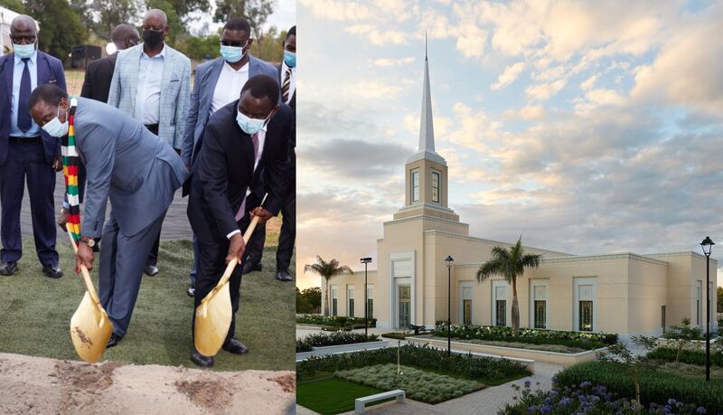 A la izquierda, el presidente de la República de Zimbabue se une al élder Edward Dube en la ceremonia de la palada inicial del Templo de Harare, Zimbabue. A la derecha, el templo de Harare antes de la casa abierta de enero de 2026.