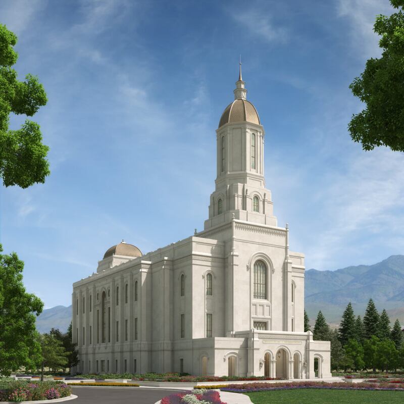 Representación artística del exterior del Templo de Smithfield, Utah.