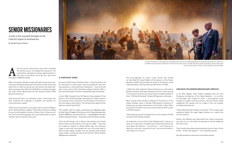 Las páginas 26-27 de la revista Obra Misional en La Iglesia de Jesucristo de los Santos de los Últimos Días incluyen un artículo sobre misioneros de edad avanzada.