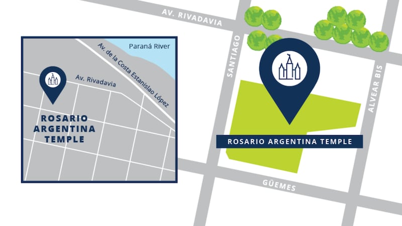 Un plano del sitio que muestra las carreteras cercanas al Templo de Rosario, Argentina.