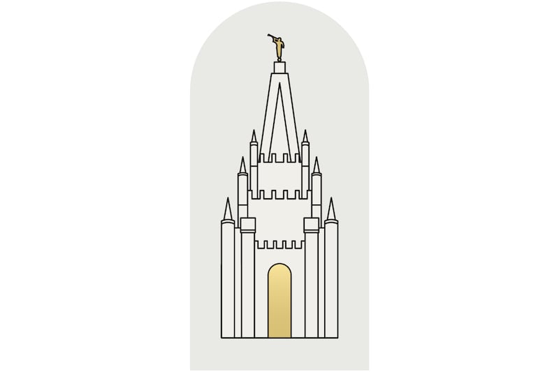 El logo del tema de jóvenes 2027 es un dibujo en blanco y negro de estilo silueta del Templo de Salt Lake en un fondo gris con una puerta dorada y una estatua dorada del Ángel Moroni.