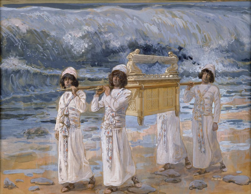 James Jacques Joseph Tissot (1836-1902), “El Arca pasa sobre el Jordán”, c. 1896-1902, gouache sobre tabla, 8 3/8 x 10 4/5 pulgadas, Museo Judío, Nueva York. Imagen proporcionada por el Museo Judío, Nueva York. Regalo de los herederos de Jacob Schiff. La pintura está incluida en una exposición temática del Antiguo Testamento de 2022.