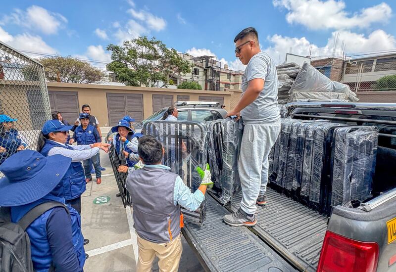 Beds are unloaded at a meetinghouse in Umacollo, Arequipa, Peru, for those affected by flooding and mudslides in late February 2026.