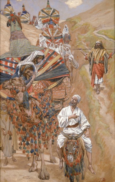 James Jacques Joseph Tissot (1836-1902), “Rebecca conoce a Isaac en el camino”, c. 1896-1901, gouache sobre tabla, 11 5/8 x 7 4/9 pulgadas, Museo Judío, Nueva York. Imagen proporcionada por el Museo Judío, Nueva York. Regalo de los herederos de Jacob Schiff. La pintura está incluida en una exposición temática del Antiguo Testamento de 2022 en el Museo de Arte de BYU.