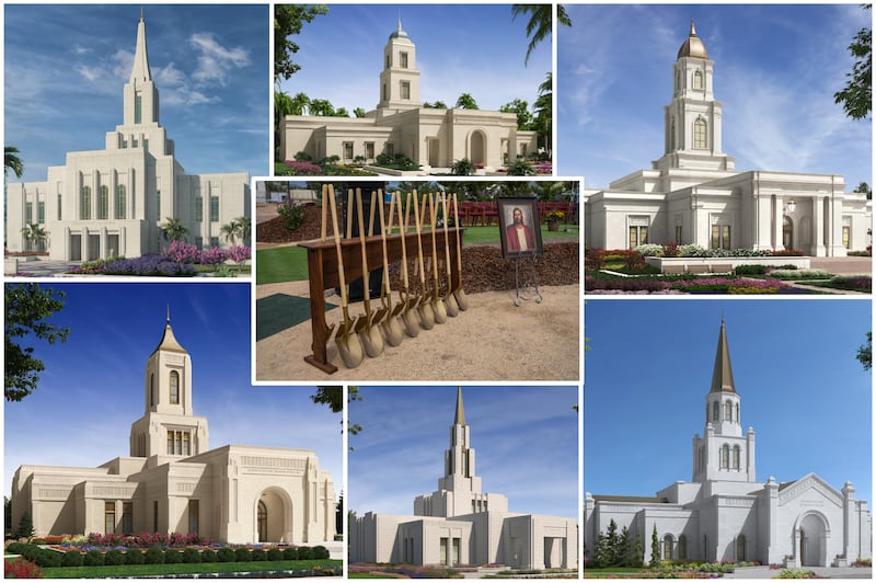 Seis representaciones de templos, con una foto de palas de ceremonia y una pintura de Cristo.