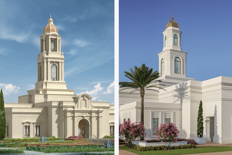 Representaciones arquitectónicas del Templo de San Luis Potosí México, a la izquierda, y el Templo de Torreón México, a la derecha.
