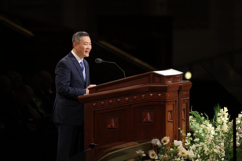 Elder Wan-Liang Wu, General Authority Seventy, speaks during the Saturday afternoon session of the 196th Annual General Conference of The Church of Jesus Christ of Latter-day Saints in the Conference Center in Salt Lake City on April 4, 2026.