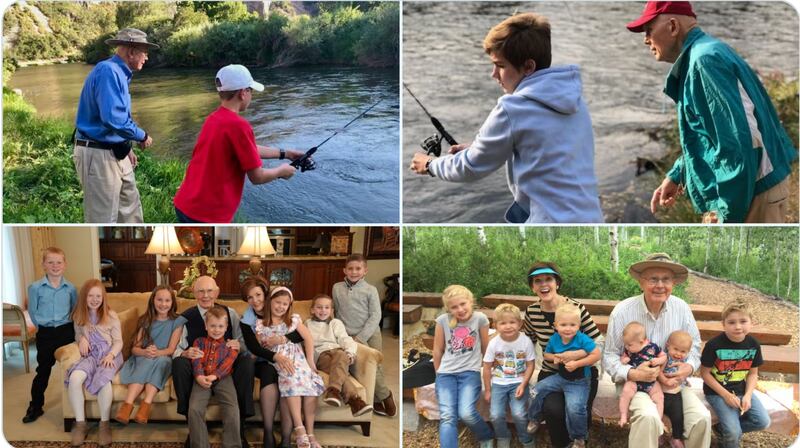 El presidente Dallin H. Oaks pasa tiempo con miembros de su familia en un collage de cuatro fotos.