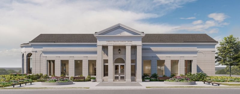 Una representación exterior del nuevo Centro de Visitantes del Templo de Nauvoo en la histórica Nauvoo, Illinois.