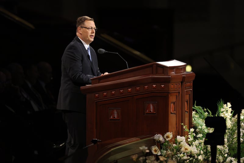 Elder Clark G. Gilbert of the Quorum of the Twelve Apostles speaks during the Saturday morning session of the 196th Annual General Conference of The Church of Jesus Christ of Latter-day Saints in the Conference Center in Salt Lake City on April 4, 2026.