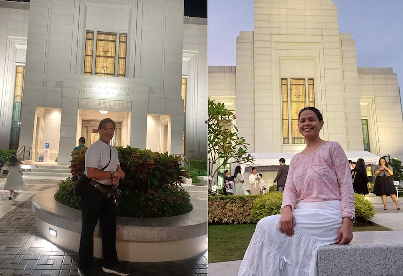 Esta imagen combinada muestra a Aquilino Tan Andaca Jr., izquierda, y su esposa, Elizabeth Andaca, derecha, afuera del Templo de Alabang, Filipinas, durante el período de puertas abiertas, que fue del 21 de noviembre al 13 de diciembre de 2025.