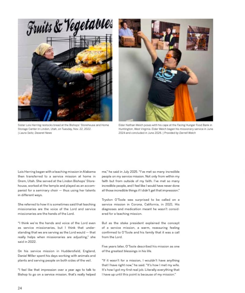 La página 24 de la revista Obra Misional en La Iglesia de Jesucristo de los Santos de los Últimos Días incluye un artículo sobre misioneros de servicio.