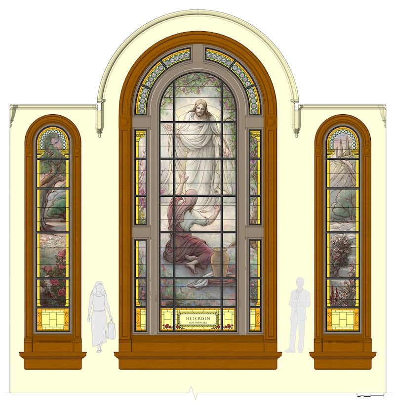 Representación artística de los vitrales instalados recientemente en los edificios de las entradas del templo en el lado norte de la Manzana del Templo en Salt Lake City.