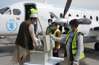El personal y los pasajeros del UNHAS se preparan para un vuelo y se registran el 5 de abril de 2020 en el Aeropuerto Internacional de Kabul. Al entrar a la terminal del UNHAS se toma la temperatura corporal de todos los pasajeros y el personal, y todos se lavan las manos y se desinfectan como precaución contra el coronavirus antes de entrar al edificio de registración previo a abordar el avión.