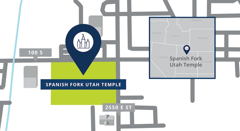 Un mapa con un marcador que muestra la ubicación del sitio del Templo de Spanish Fork, Utah, con carreteras cercanas.