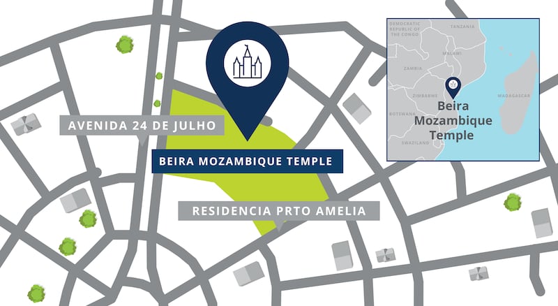 Un mapa con un pin mostrando la ubicación del sitio del Templo de Beira, Mozambique, con carreteras cercanas.