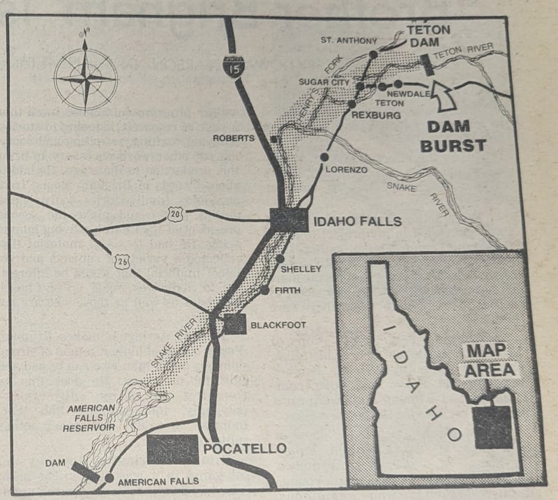 Un mapa de la edición del 12 de junio de 1976 de Church News muestra la trayectoria de la inundación de la presa Teton, que se rompió el 5 de junio de 1976.