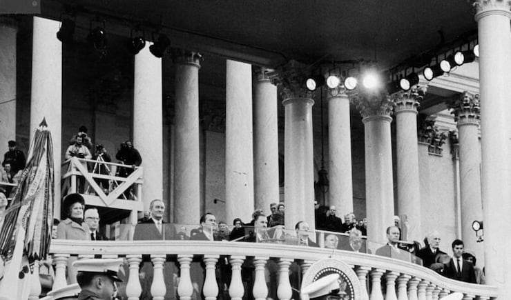 The Tabernacle Choir at Temple Square sings as the nation’s political leaders listen on a viewing area behind and above them during the inauguration of President Richard Nixon on Jan. 20, 1969, inWashington D.C.