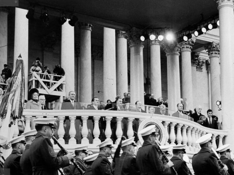 The Tabernacle Choir at Temple Square sings as the nation’s political leaders listen on a viewing area behind and above them during the inauguration of President Richard Nixon on Jan. 20, 1969, inWashington D.C.