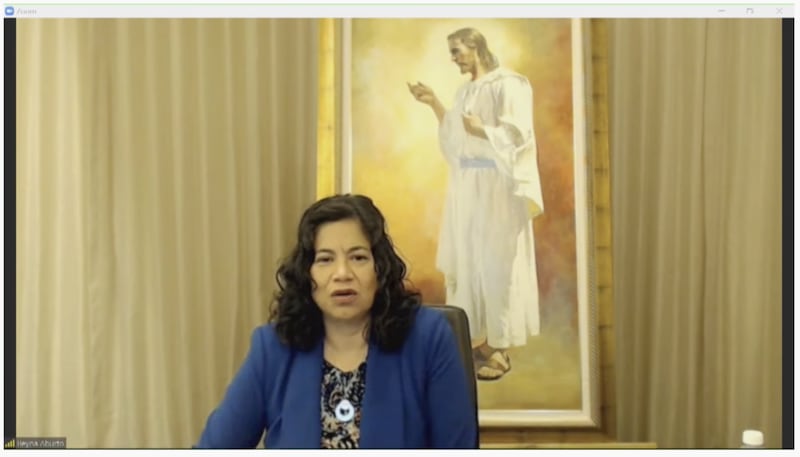 La hermana Reyna I. Aburto, segunda consejera de la presidencia general de la Sociedad de Socorro, habla vía Zoom desde Puerto Rico el viernes, 29 de octubre de 2021.