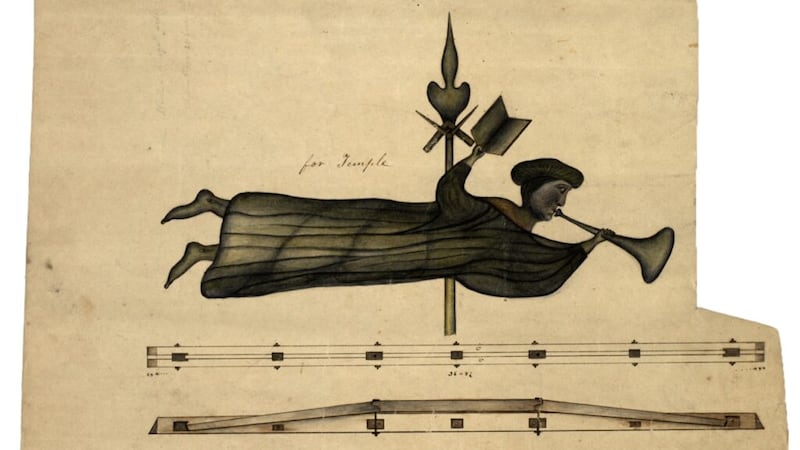 Dibujo arquitectónico de William Weeks de la veleta en forma de ángel del Templo de Nauvoo.