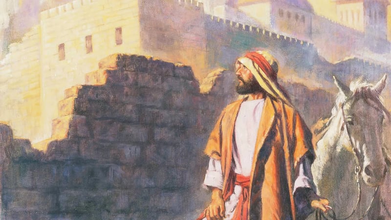 "Nehemías inspecciona los muros de Jerusalén" es de Robert T. Barrett.