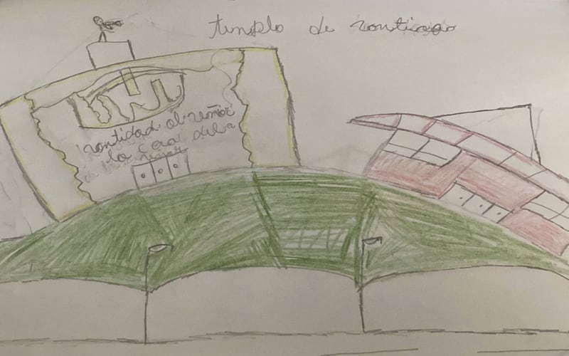 El día antes de que el presidente Russell M. Nelson anunciara 17 nuevos templos el domingo 6 de octubre de 2024, incluido uno en Santiago, República Dominicana, un hijo de Yokasta Estrella dibujó este cuadro de un templo en Santiago, dijo ella.