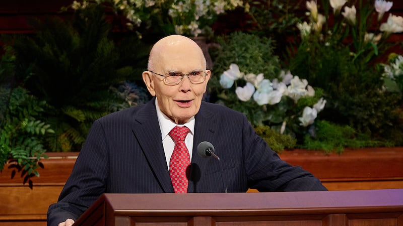 Church President Dallin H. Oaks speaks during the Sunday morning session of the 196th Annual General Conference of The Church of Jesus Christ of Latter-day Saints in the Conference Center in Salt Lake City on April 5, 2026.